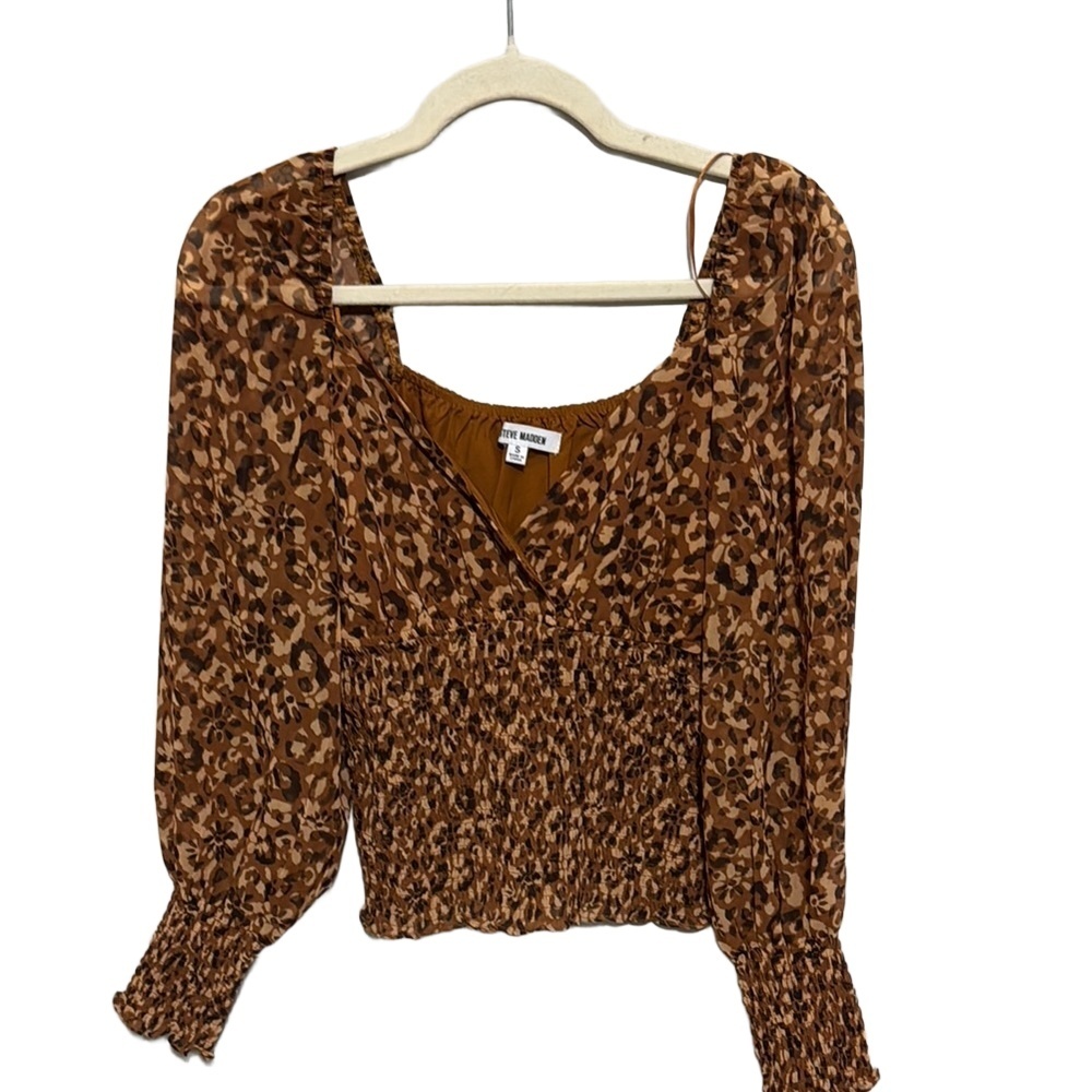 Steve Madden Women’s Blouse Size S Brown Leopard Print Smocked Puff Sleeve